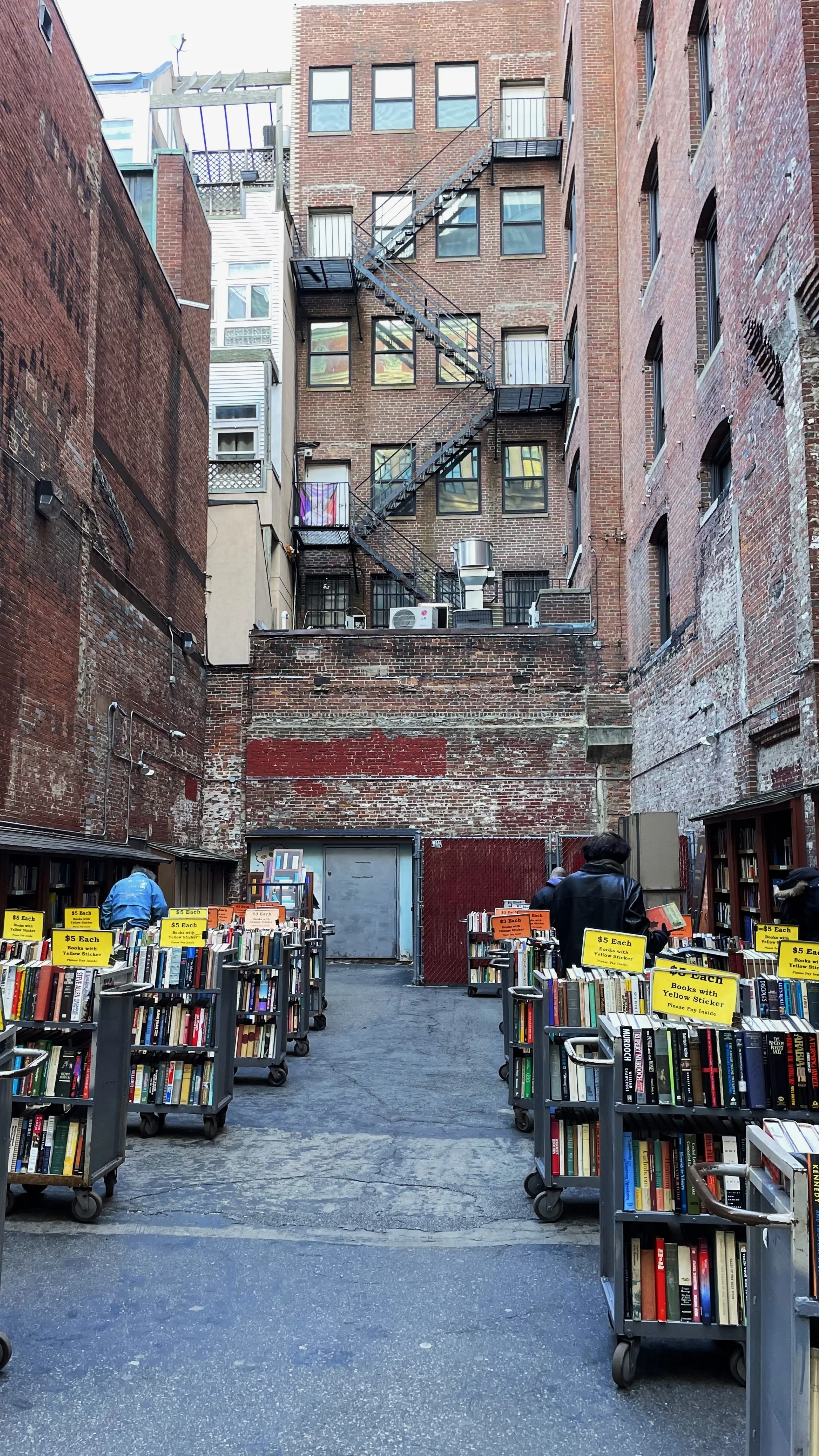 The outdoor book lot, is viewed from across the street.