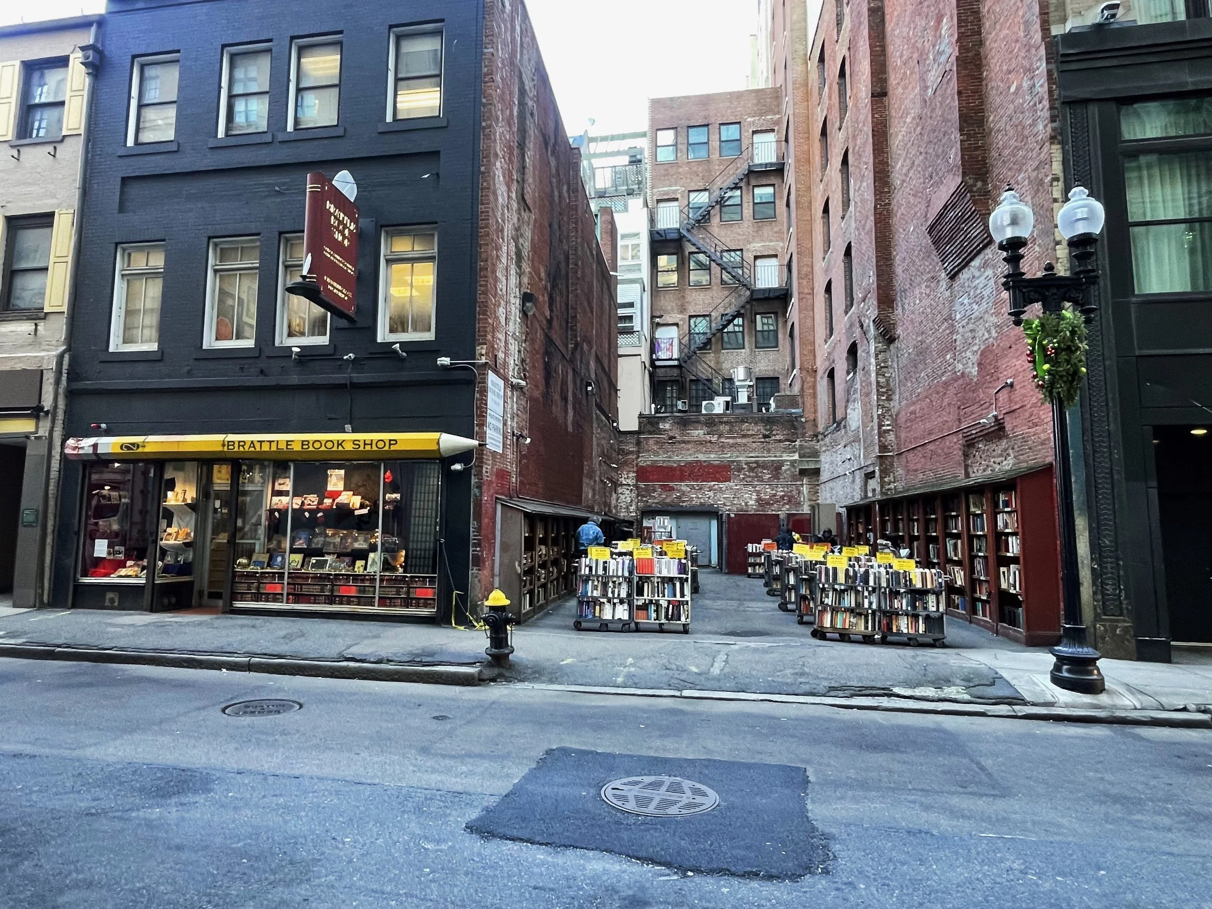 Street view of Brattle Book Shop on West Street in Downtown Boston.