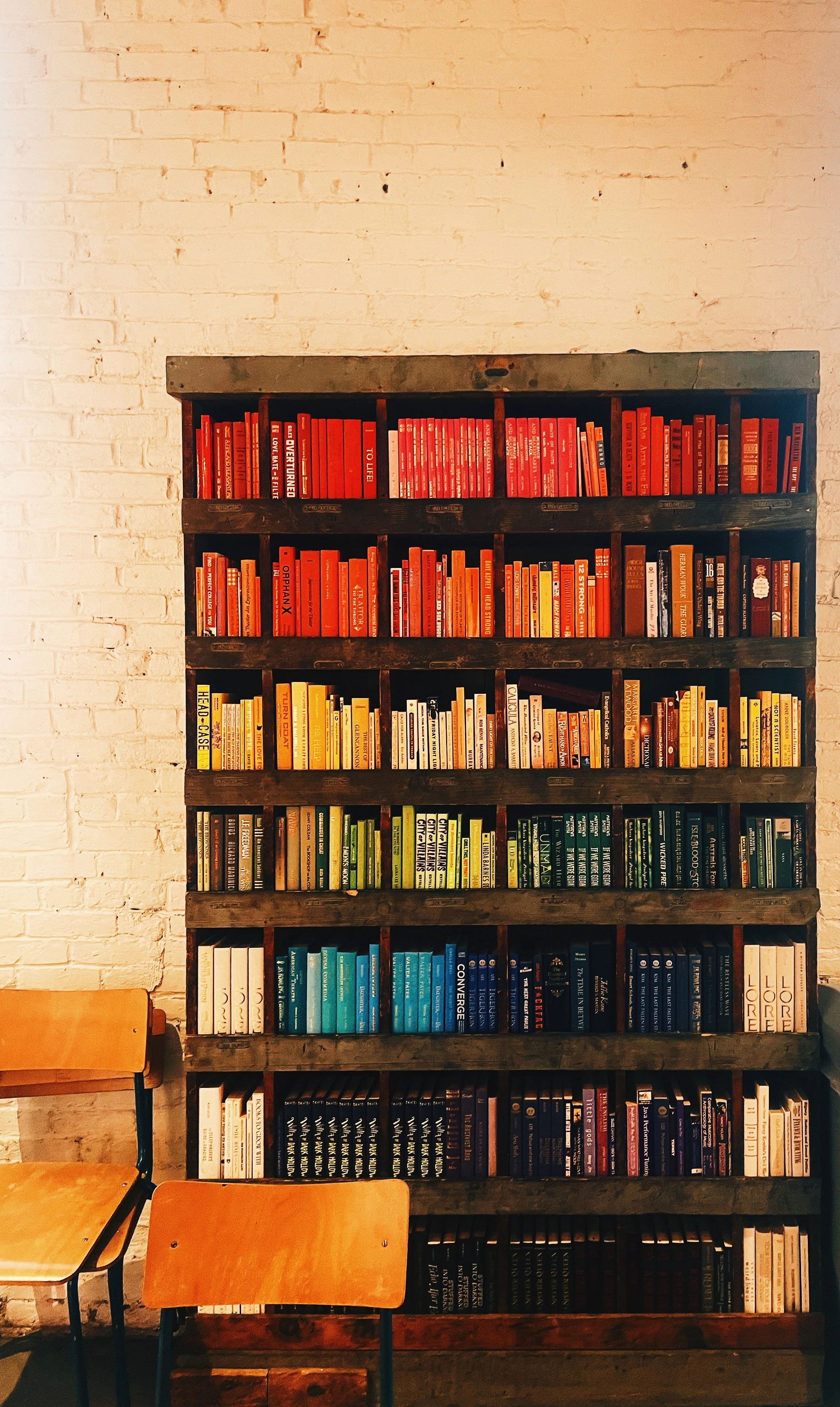 The rainbow shelf in the reading room, toward the back of the store.